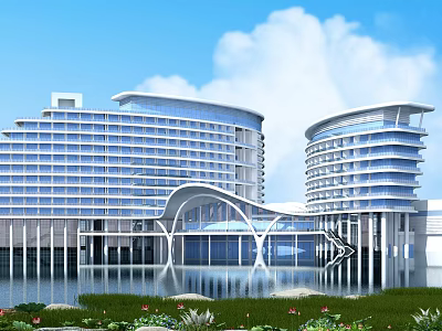 Modern Office Building Featuring Curved Glass Facade Water Pool Green Landscape Flowers and Blue Sky 3d model