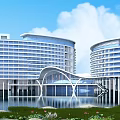 Modern Office Building Featuring Curved Glass Facade Water Pool Green Landscape Flowers and Blue Sky