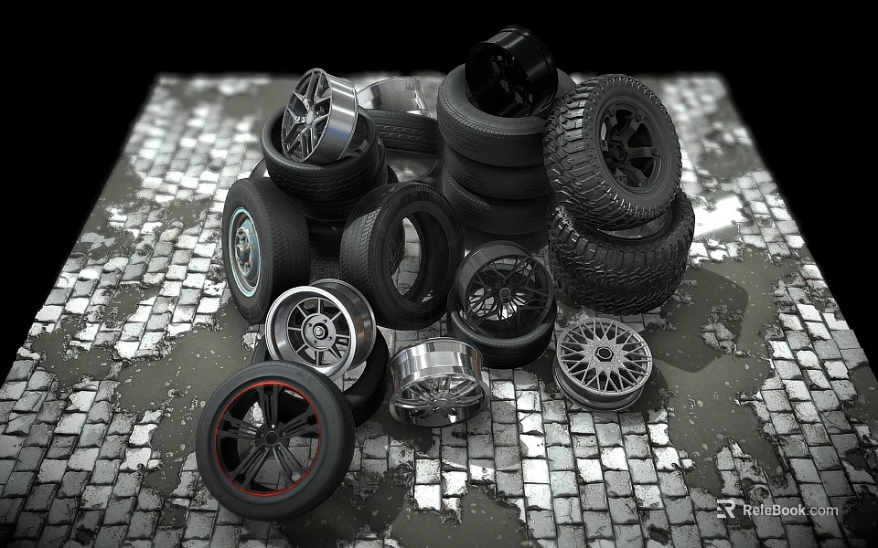 Stacked Tires With Various Rims Arranged On Brick Floor Surface 3d model