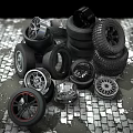 Stacked Tires With Various Rims Arranged On Brick Floor Surface 3d model