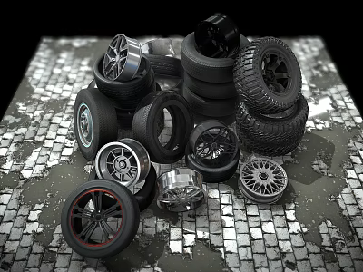 Stacked Tires With Various Rims Arranged On Brick Floor Surface 3d model