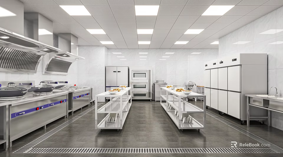 Modern Commercial Kitchen Interior With Stainless Steel Worktables Refrigerators And Ventilation 3d model 