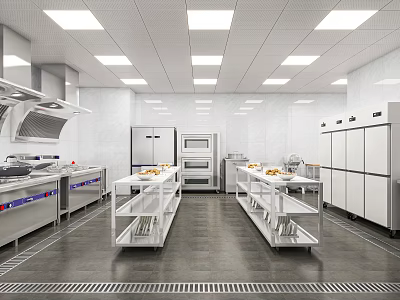 Modern Commercial Kitchen Interior With Stainless Steel Worktables Refrigerators And Ventilation 3d model