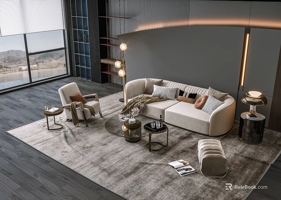 Modern Living Room Sofa and Coffee Table Set With Beige Sofa Multiple Pillows Gray Rug 3d model 