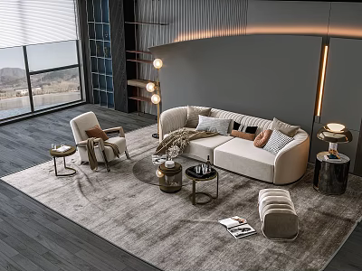 Modern Living Room Sofa and Coffee Table Set With Beige Sofa Multiple Pillows Gray Rug 3d model