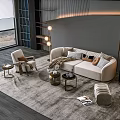 Modern Living Room Sofa and Coffee Table Set With Beige Sofa Multiple Pillows Gray Rug