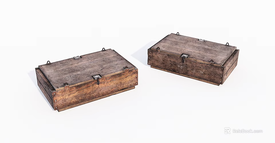 Vintage Retro Wooden Boxes With Old Metal Locks Corners And Natural Wood Grain 3d model 
