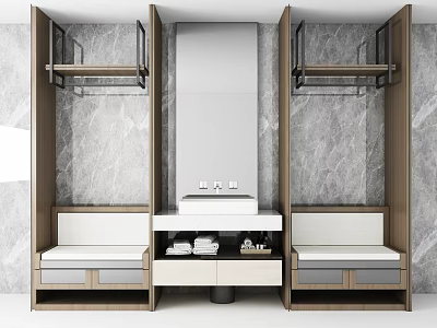 Modern Wardrobe Design With Hanging Rods Drawers Bench And Marble Wall Background 3d model