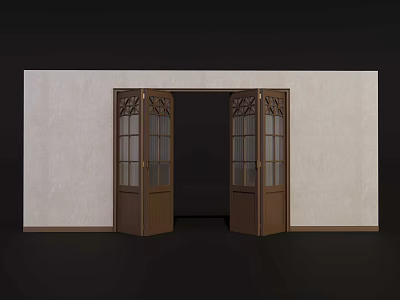 Wooden Folding Doors With Glass Panels Installed On Indoor White Wall 3d model