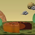 Scenic Natural Landscape With Green Grassland Orange Hills Trees Yellow Moon And White Clouds