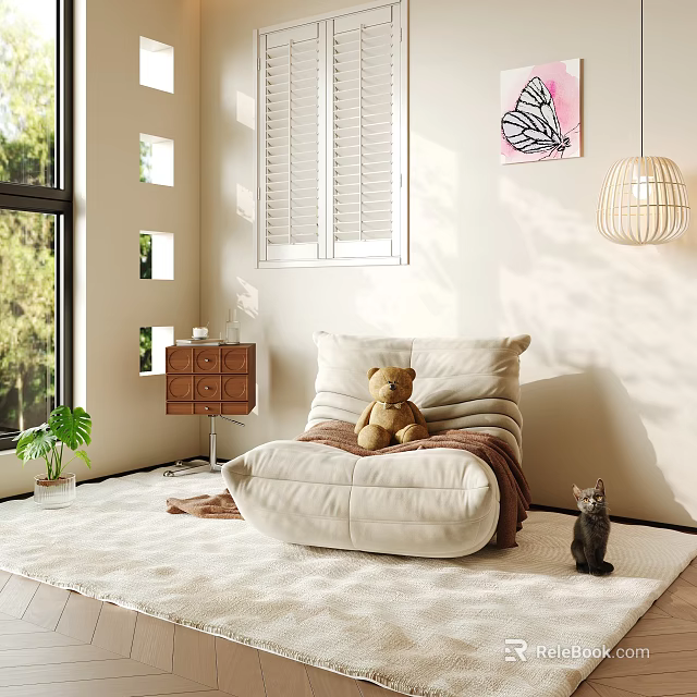Cozy Bean Bag Chair With Teddy Bear Black Cat And Butterfly Art In Living Room 3d model 