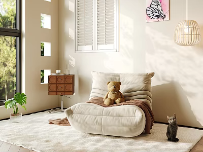Cozy Bean Bag Chair With Teddy Bear Black Cat And Butterfly Art In Living Room 3d model