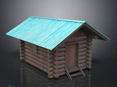 Rustic Log Cabin Building With Blue Metal Roof And Wooden Door Steps Structure 3d model