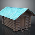 Rustic Log Cabin Building With Blue Metal Roof And Wooden Door Steps Structure