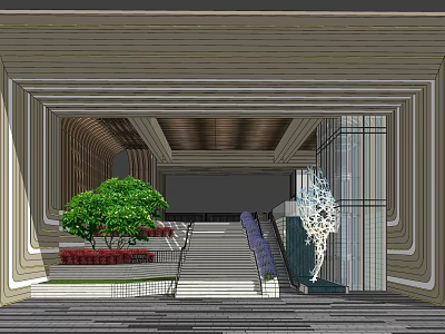 Modern Entrance Gate Design With Staircase Green Plants And Glass Facade 3d model