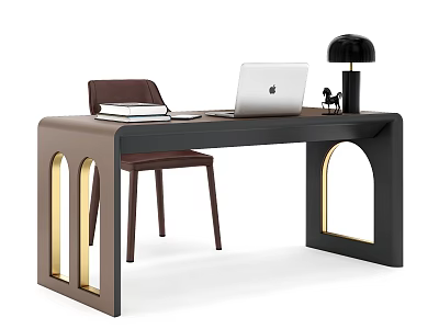 Modern Dark Desk With Arched Legs Gold Accents Apple Laptop Table Lamp And Chair 3d model