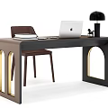 Modern Dark Desk With Arched Legs Gold Accents Apple Laptop Table Lamp And Chair