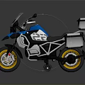 Blue And Silver Adventure Motorcycle With Side Cases And Yellow Rim Tires