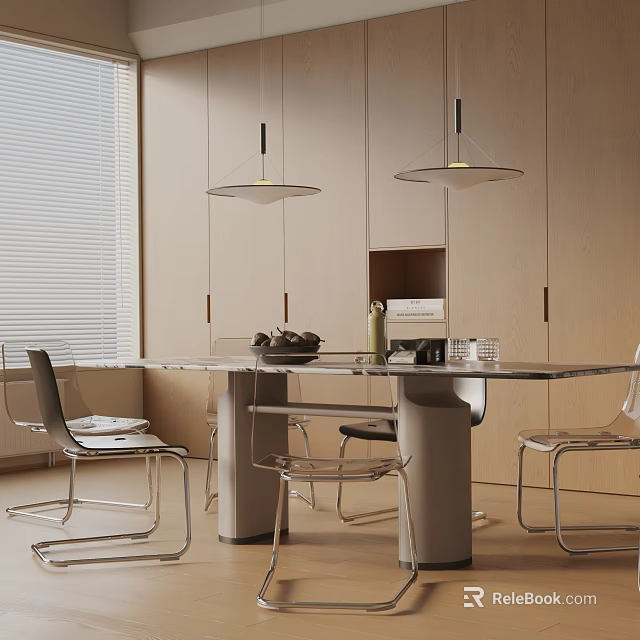 Modern Dining Table Set With Transparent Chairs And Pendant Lights In Open Kitchen 3d model 