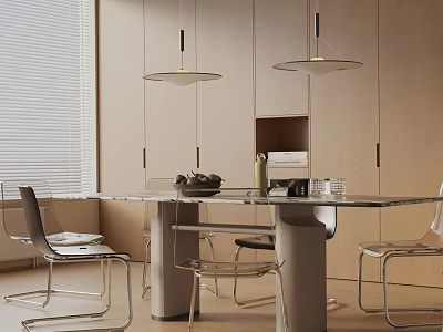 Modern Dining Table Set With Transparent Chairs And Pendant Lights In Open Kitchen 3d model