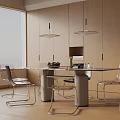 Modern Dining Table Set With Transparent Chairs And Pendant Lights In Open Kitchen 3d model