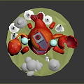 Cartoon Red Crab With Small Ship House On Back And White Clouds Around Green Base