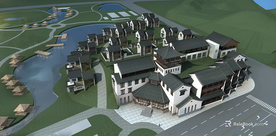 Ancient Chinese Architecture Complex With Scenic Waterfront Greenery And Connected Courtyard Buildings 3d model 