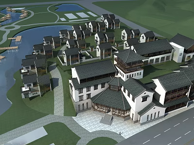 Ancient Chinese Architecture Complex With Scenic Waterfront Greenery And Connected Courtyard Buildings 3d model