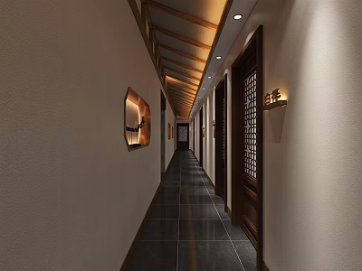 Traditional Chinese Elevator Hallway With Wooden Ceiling Lanterns Side Doors And Dark Floor Tiles 3d model