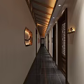 Traditional Chinese Elevator Hallway With Wooden Ceiling Lanterns Side Doors And Dark Floor Tiles