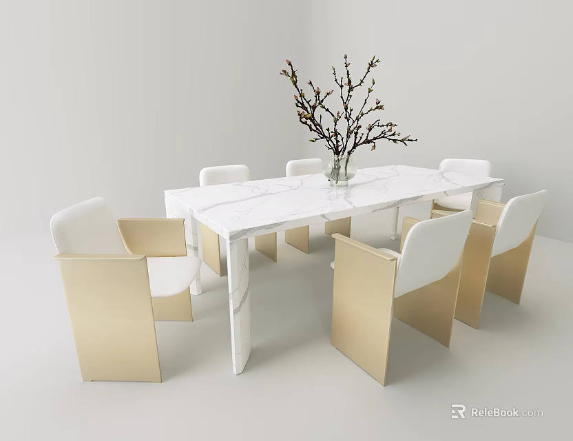 Rectangular White Marble Dining Table Set with Six Golden Frame White Chairs and Branch Vase 3d model