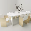 Rectangular White Marble Dining Table Set with Six Golden Frame White Chairs and Branch Vase 3d model
