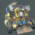 Yellow And Blue Modified Off Road Vehicle With Large Tires Front Scoop And Coil Springs