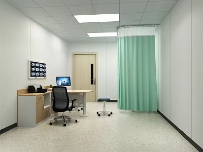 Medical Examination Room Interior With White Walls Ceiling Lights Desk And Green Curtain 3d model