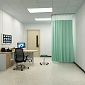 Medical Examination Room Interior With White Walls Ceiling Lights Desk And Green Curtain