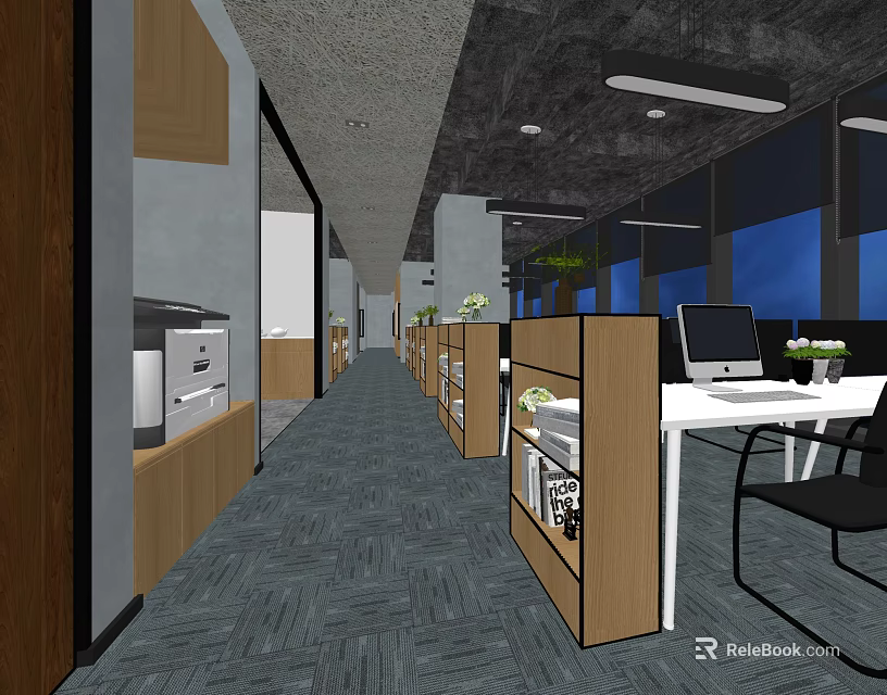 Modern Office Interior with Open Space Desks Computers Wooden Bookshelf Magazines Plants and Large Windows 3d model 