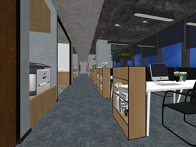 Modern Office Interior with Open Space Desks Computers Wooden Bookshelf Magazines Plants and Large Windows 3d model