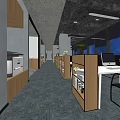 Modern Office Interior with Open Space Desks Computers Wooden Bookshelf Magazines Plants and Large Windows