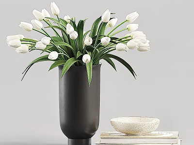 White Tulips in Black Vase with Green Leaves and White Bowl on Stacked Books 3d model