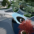 Modern Pergola Design With Lush Green Trees Serene Water Pond And Wooden Walkway