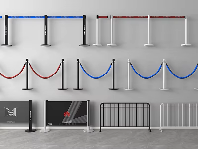 Various Types of Crowd Control Barriers With Red Blue Ropes And Metal Fences 3d model