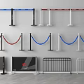 Various Types of Crowd Control Barriers With Red Blue Ropes And Metal Fences