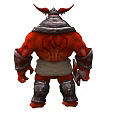 Red Demon Character With Spiked Horns Scarred Muscular Body Armor Holding Axe