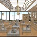 Traditional Tea House Interior With Wooden Furniture Hanging Lanterns And Large Windows