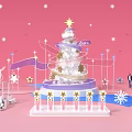 Art Installation With Spiral Tower Star Pink Background Snowflakes Flags And People