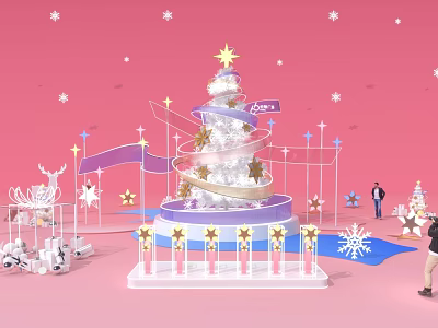 Art Installation With Spiral Tower Star Pink Background Snowflakes Flags And People 3d model