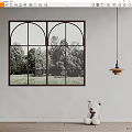 Bright Room Interior With Double Arched Window Black Frame Trees Grass Hanging Lamp Teddy Bear