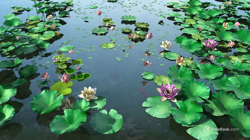 Garden Landscape Pond With Lily Pads Lotus Flowers And Swimming Fish 3d model 