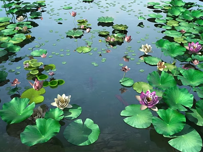 Garden Landscape Pond With Lily Pads Lotus Flowers And Swimming Fish 3d model