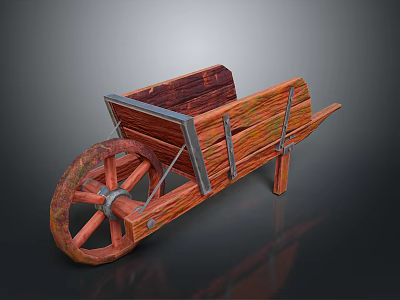 Wooden Wheelbarrow Garden Transport Equipment With Large Wheel And Metal Supports 3d model